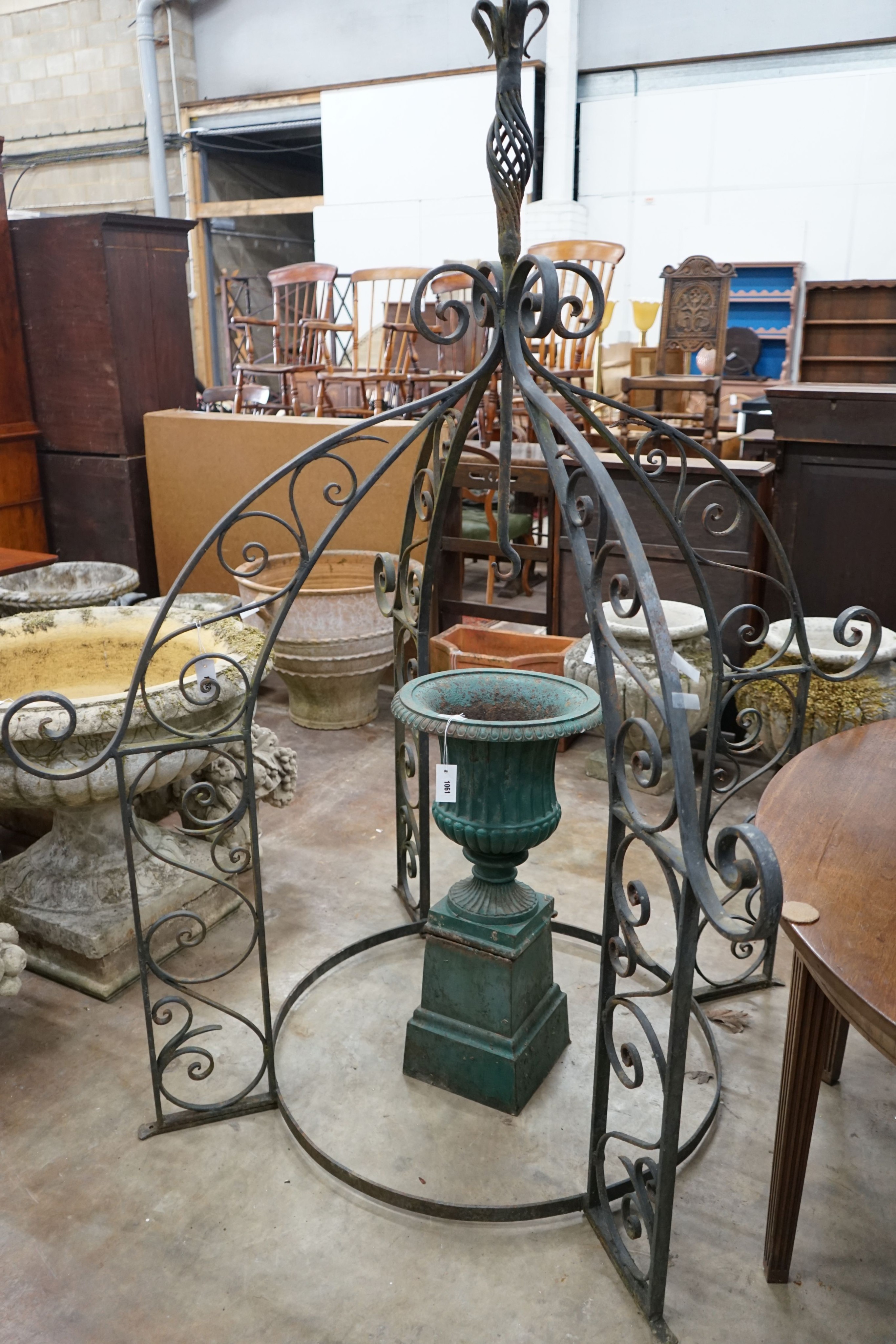A painted wrought iron circular well head canopy, diameter 140cm, height 200cm